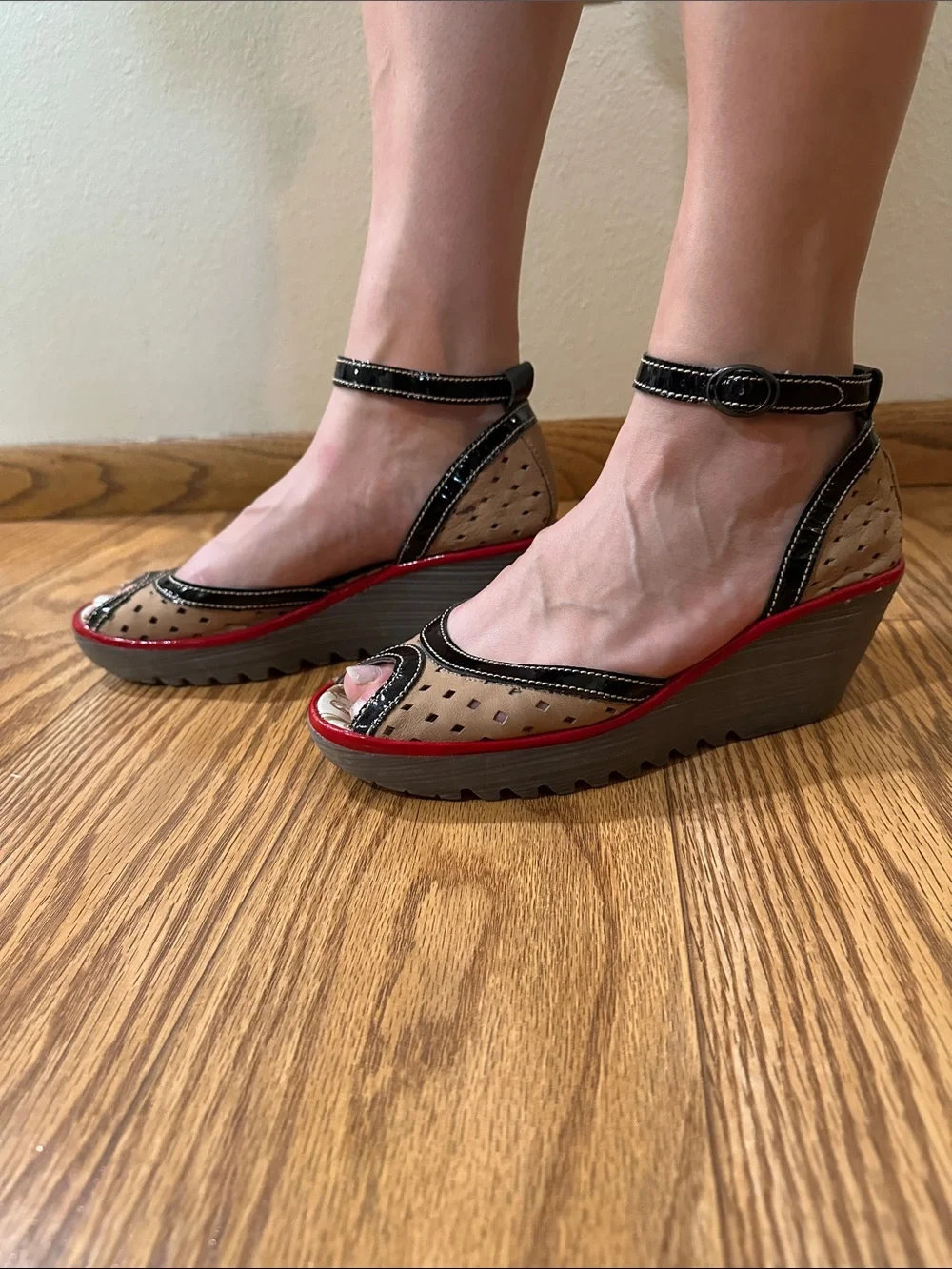 Fly London Beige, Black and Red Peep-Toe Wedge Sandals